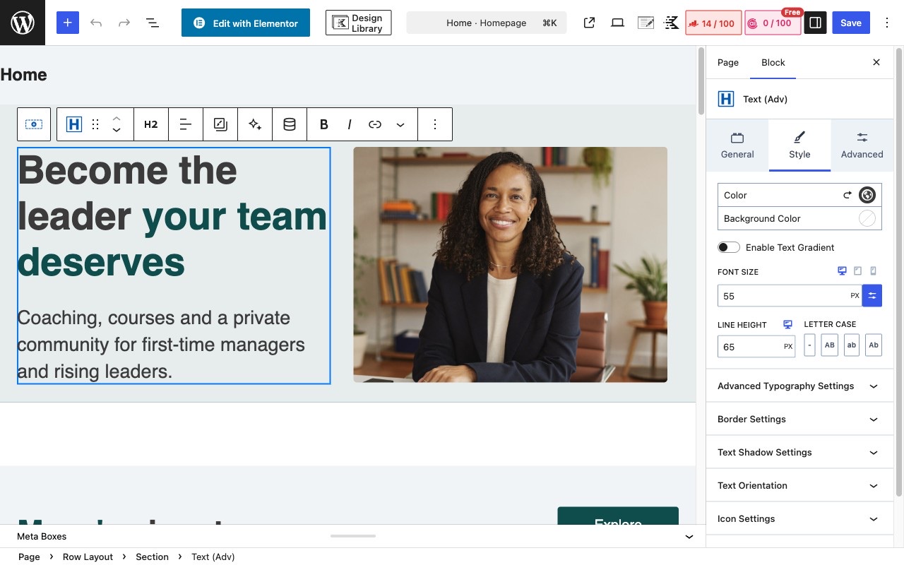 Selecting the headline in the visual editor — its typography, color and size controls open on the right
