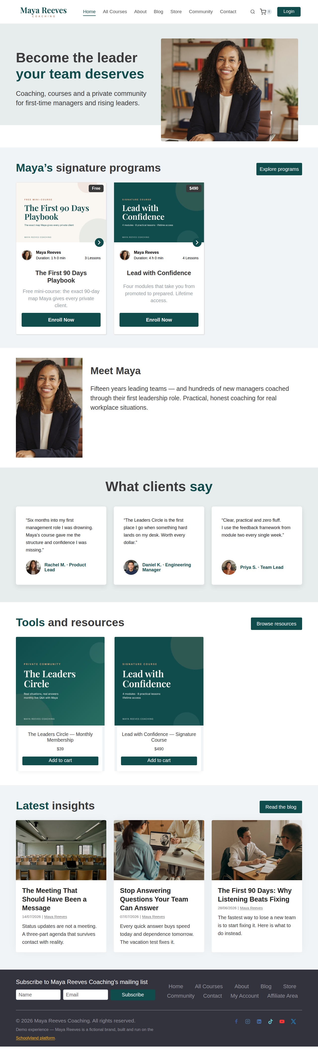 The full Maya Reeves demo homepage — scroll to explore