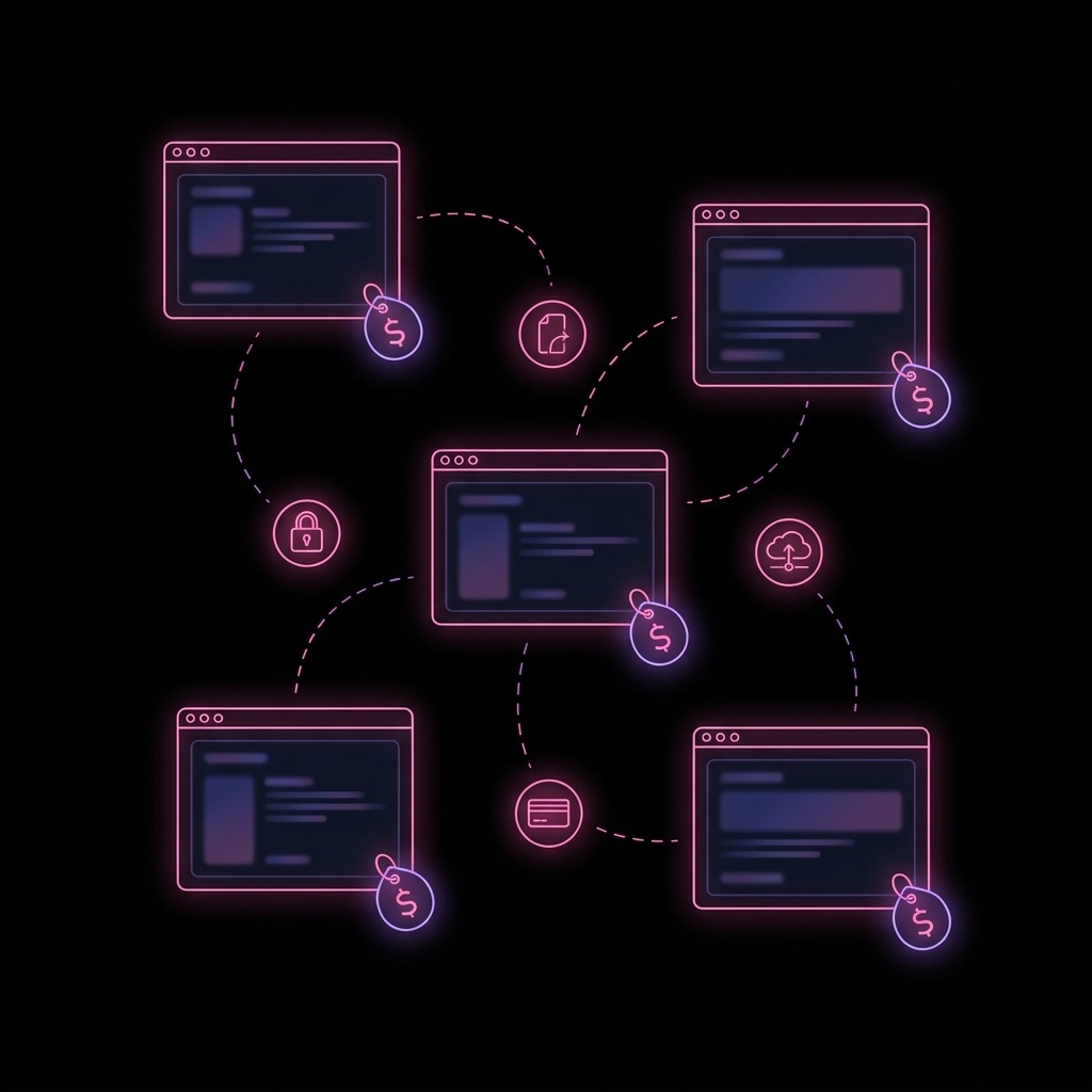 Five disconnected dark app windows outlined in neon pink, each with its own dollar price tag, joined only by broken dashed lines