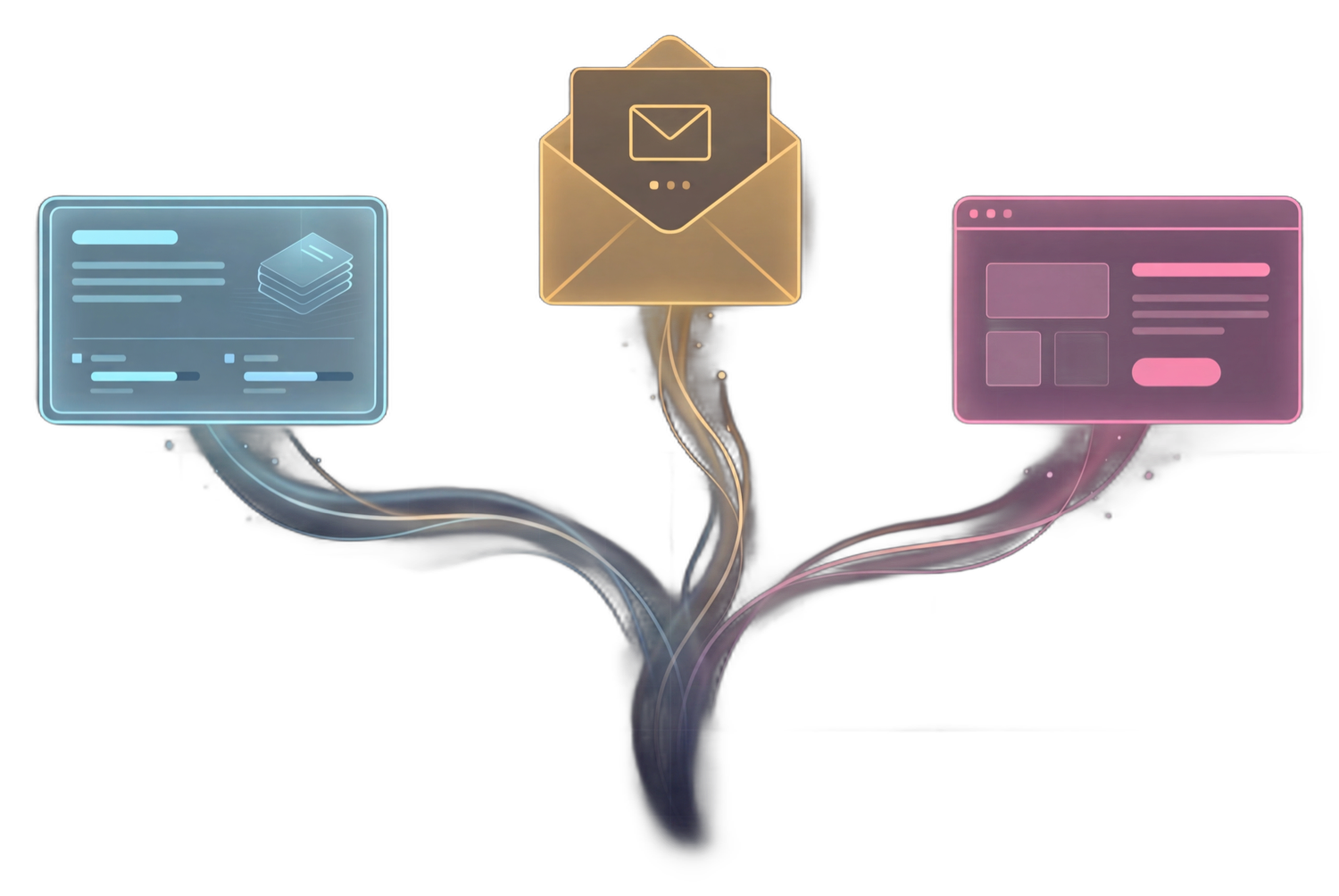 Three assets produced from one AI request: a course card, an email envelope, and a landing page. Light beams flow down into the chat below.
