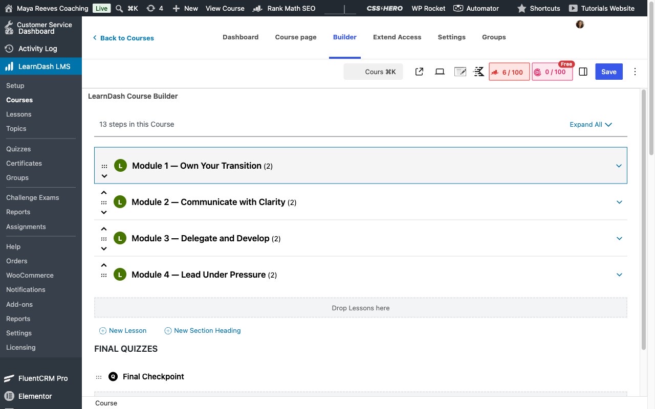 The course builder with modules, lessons and quizzes